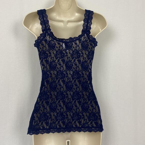 Vtg Hanky Panky Tank Top Women Small Navy Blue Lace Floral Sheer Stretch USA Y2K - Picture 5 of 13